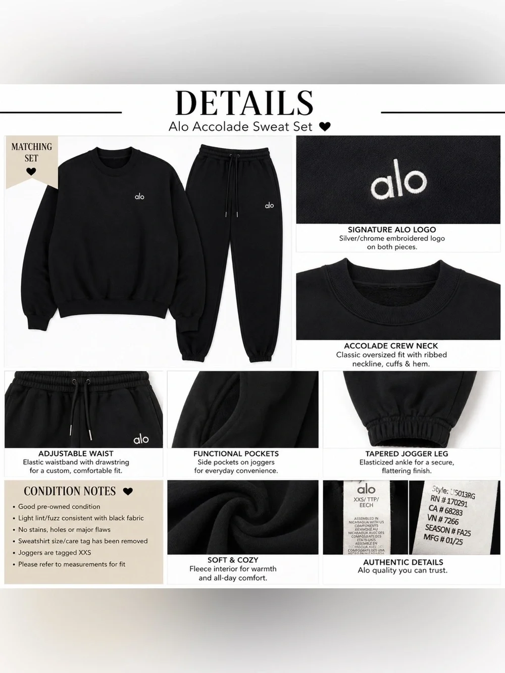 Alo Yoga Accolade Crewneck Sweatshirt Jogger Set Black XXS (CIGF003)